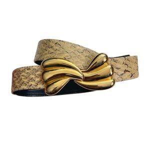 Vtg 80’s Genuine Snakeskin Leather Belt Tan Gold Tone Sculptural Mod M